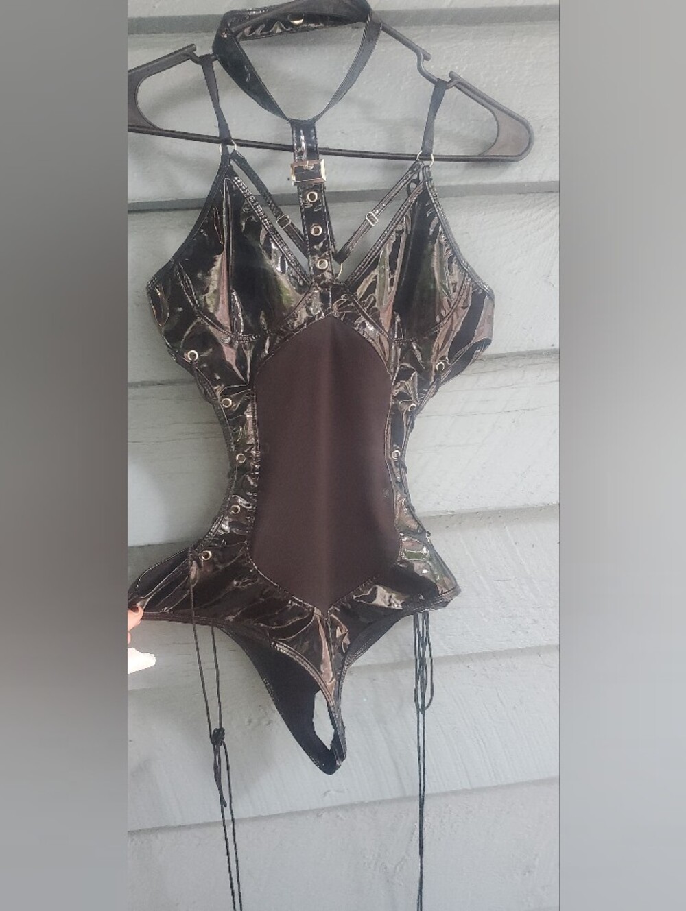Shiny Black Patent Faux-Leather Strappy Bodysuit